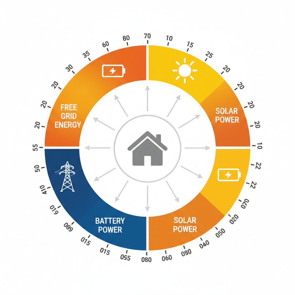 Diagram showing the 24-hour energy cycle of a solar battery system with free nights plan