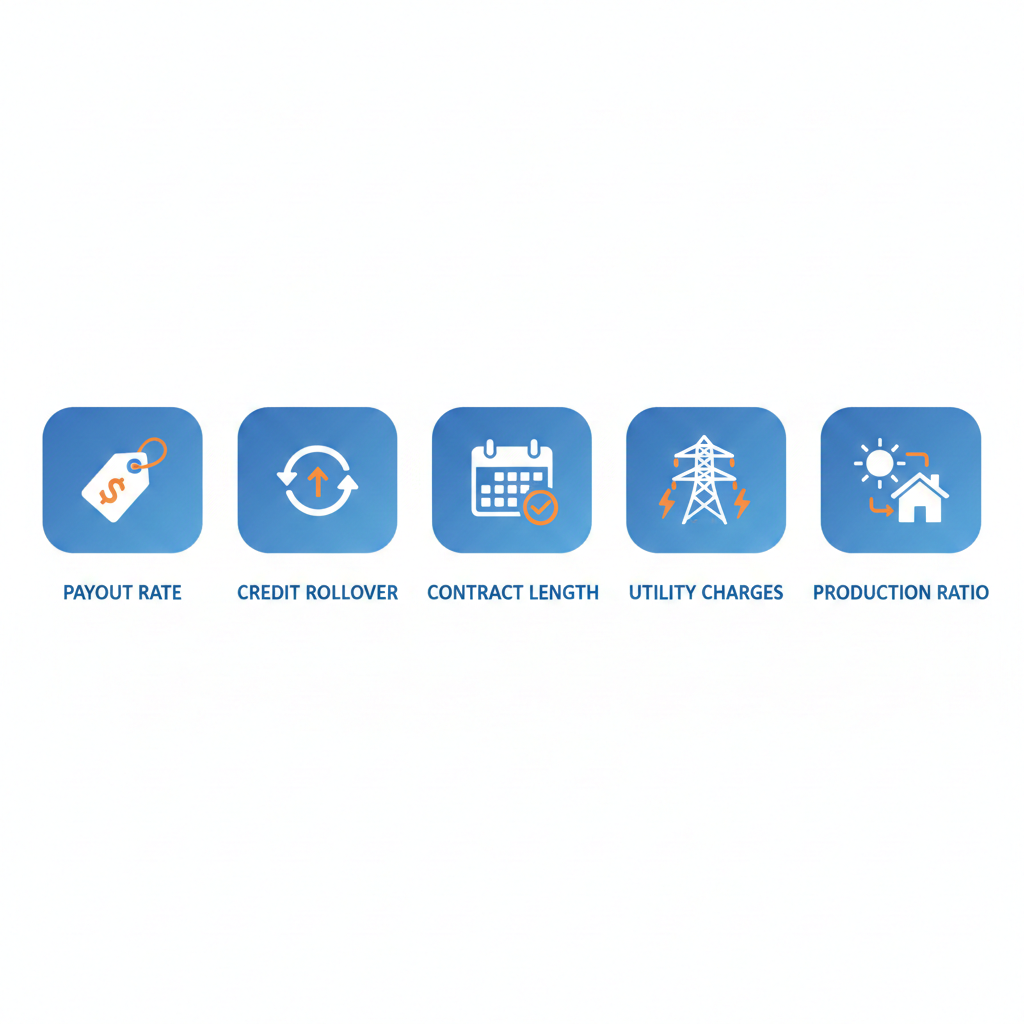 Icons showing the five key factors to compare when choosing a solar buyback plan