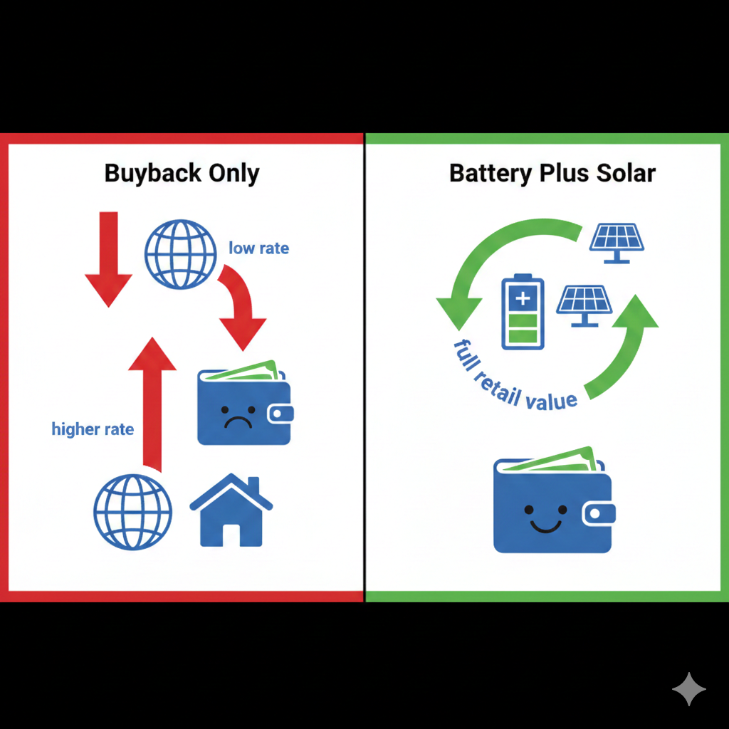 Diagram showing how solar buyback forces homeowners to sell low and buy high from the grid
