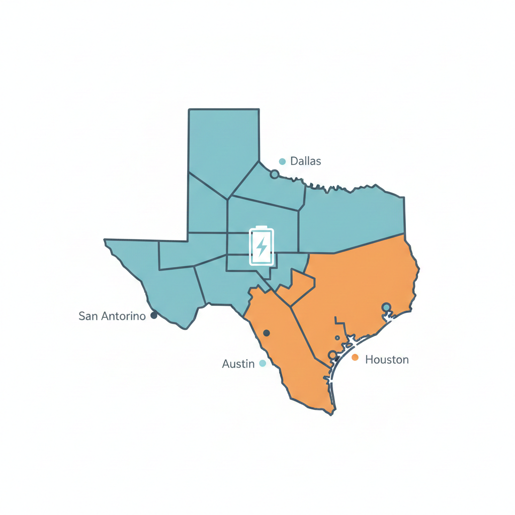Map of Texas TDU territories affecting solar buyback and battery storage economics