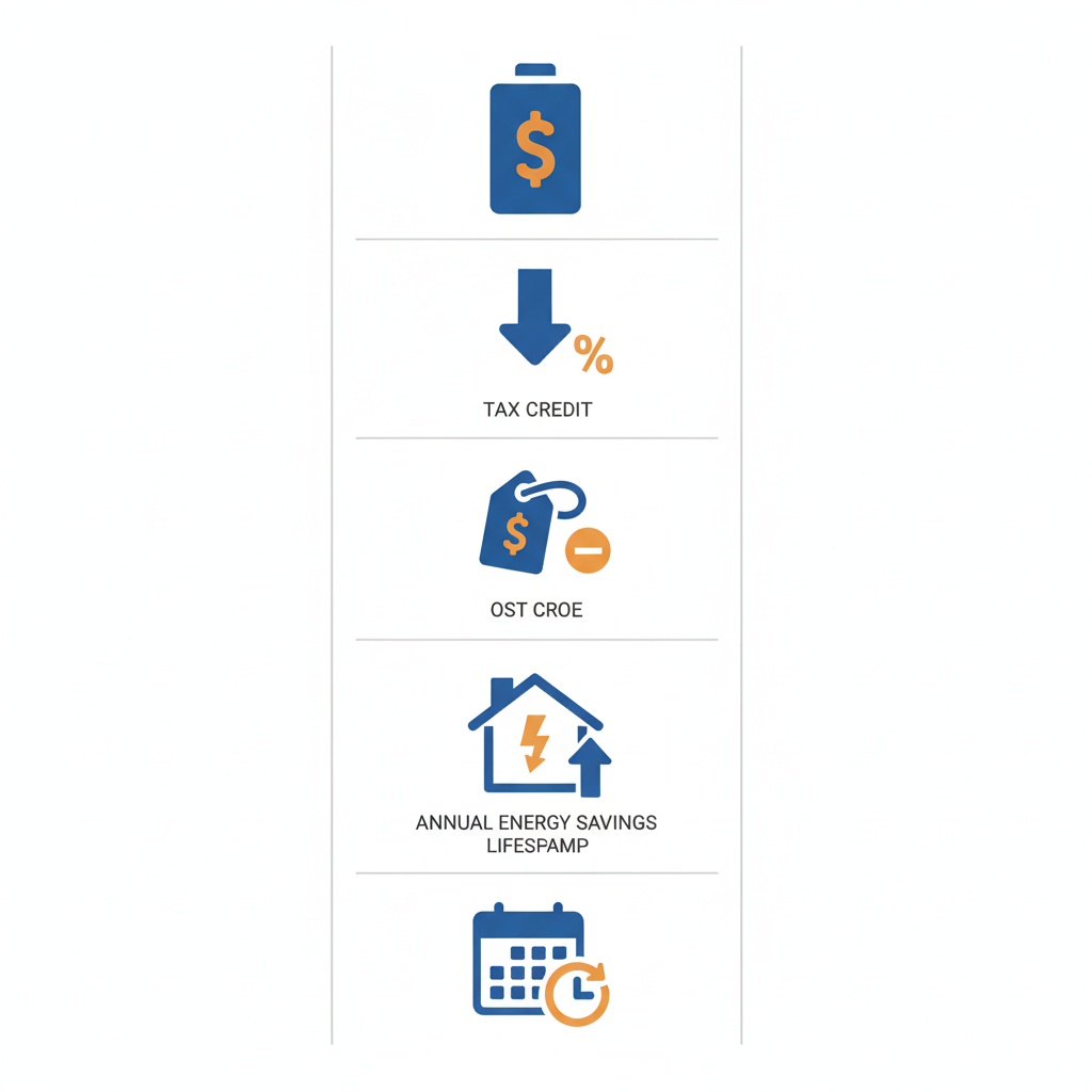 Infographic showing home battery storage cost breakdown with 30% federal tax credit savings