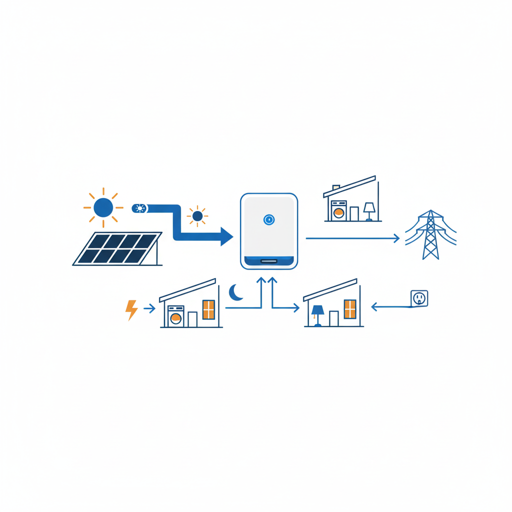 Diagram showing how home battery storage works — solar panels charge the battery which powers the home