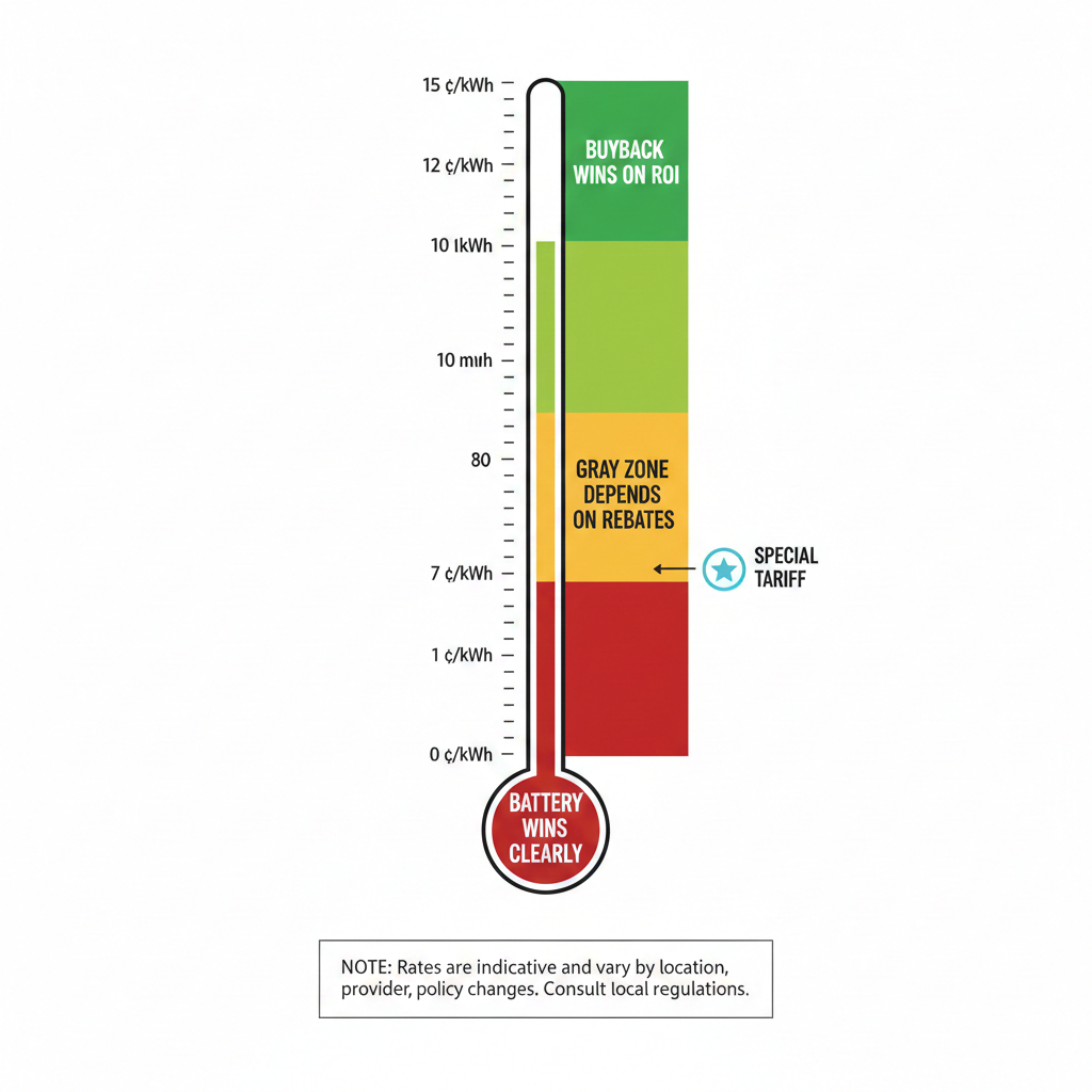 Break-even thermometer showing when battery storage pays for itself versus buyback plans