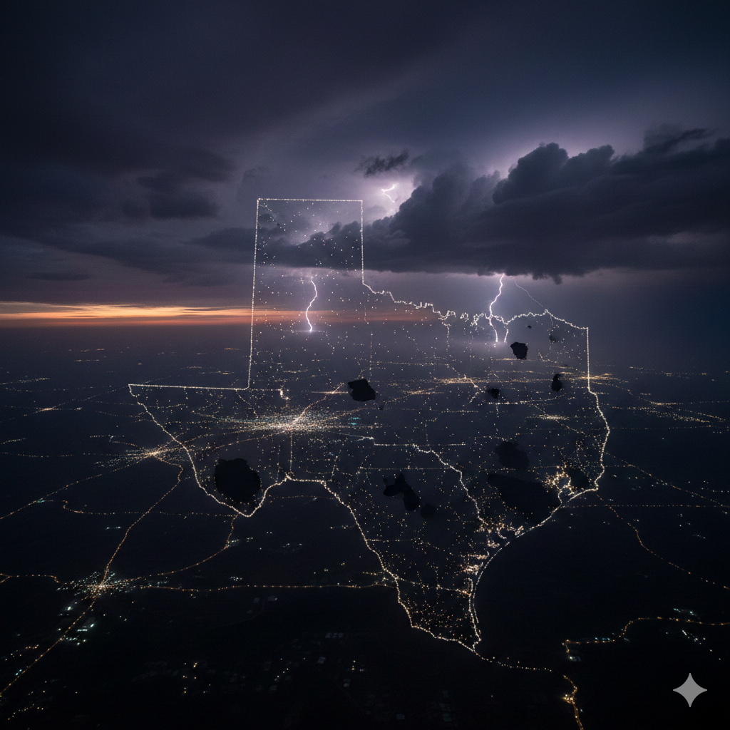 Map of Texas showing the isolated ERCOT grid with storm clouds and power outage indicators