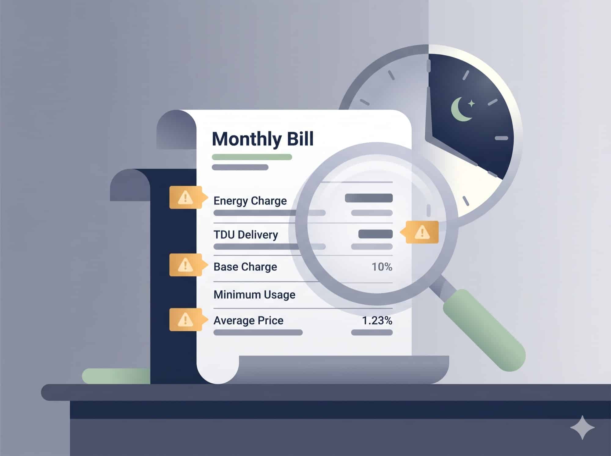 Hidden costs to check on a free nights plan: daytime rate, TDU delivery, base charge, minimum usage fee, EFL average-price assumption
