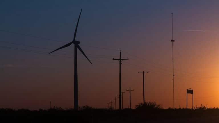 Utility poles and power lines against a Texas sunset, representing the backup electricity providers that keep service on